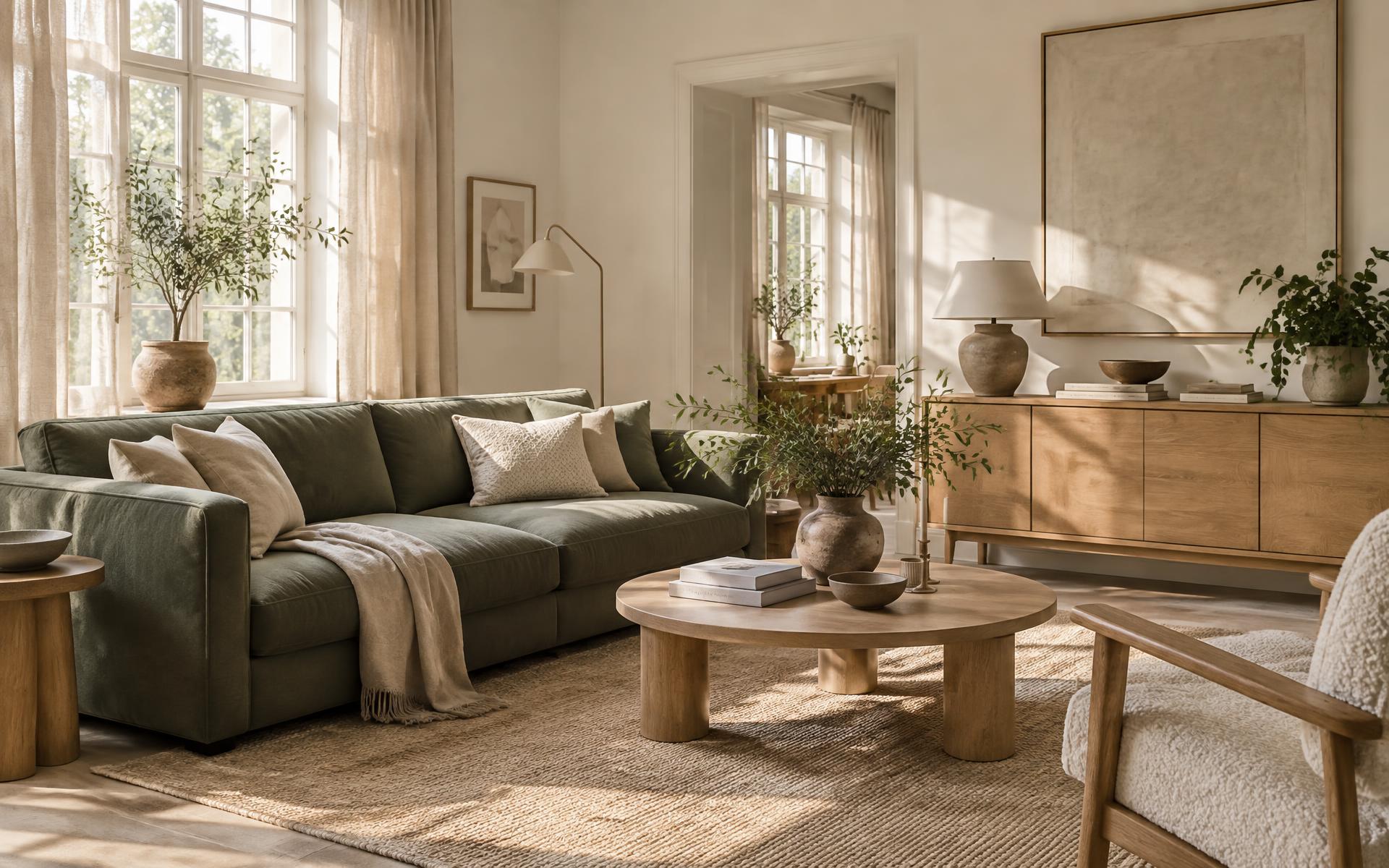 Stue med sofa i salviegrønt, lyst trebord og naturlige tekstiler